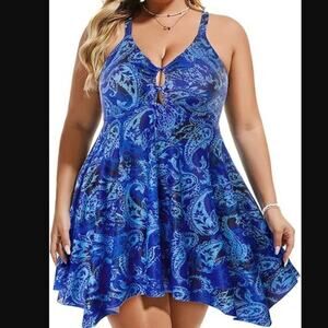 Hanna Nikole Brand NWT Size 22W Swimdress 2 piece swimsuit Blue Floral Print